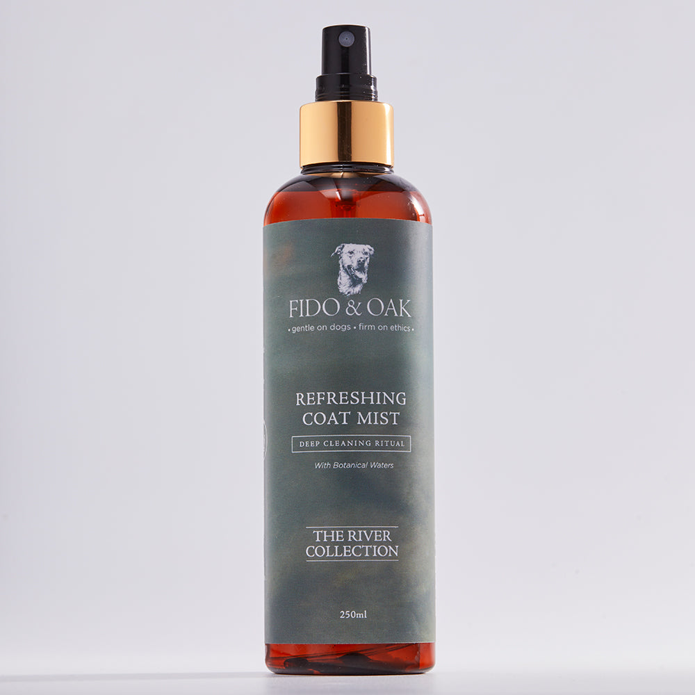 Fido & Oak refreshing coat mist bottle on a light gray background