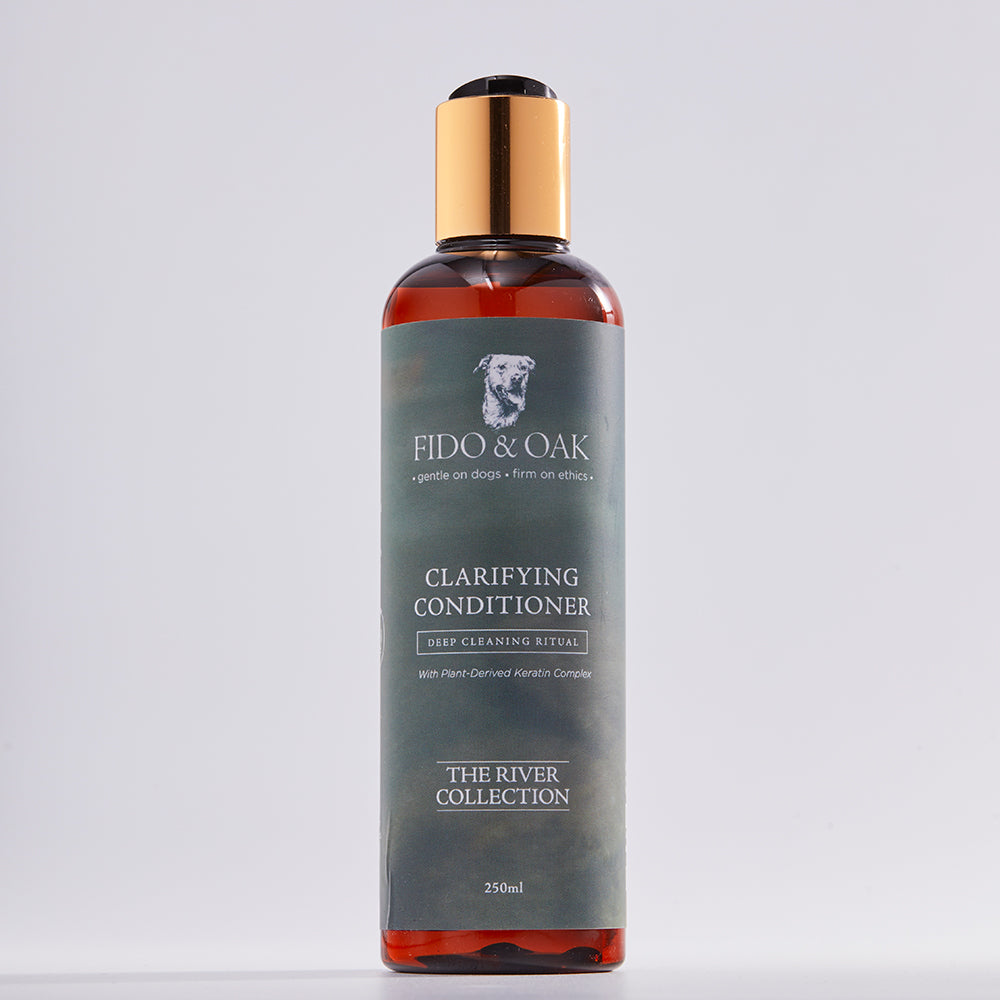 Fido & Oak clarifying conditioner bottle on a light gray background