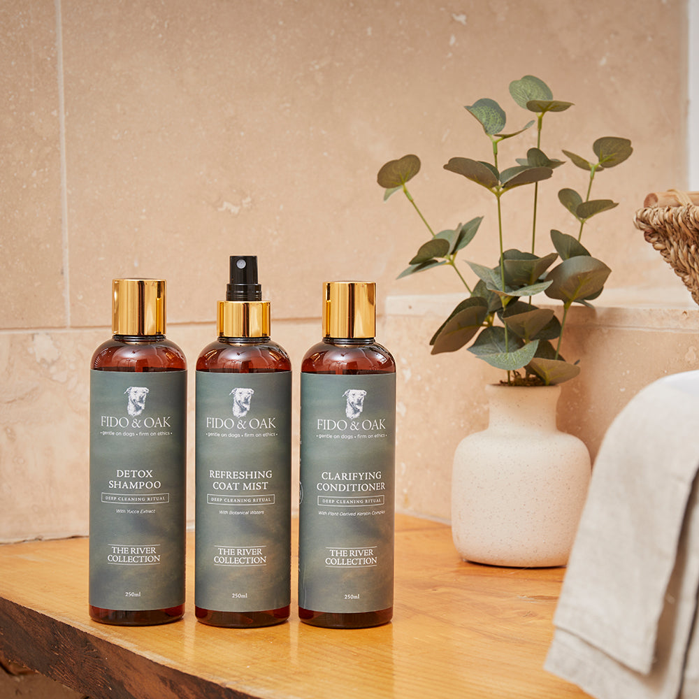 Three bottles of Fido & Oak shampoo, conditioner, and coat mist on a wooden surface with a plant in the background.