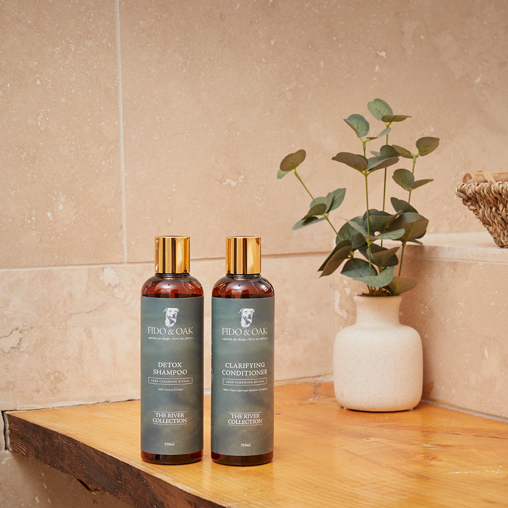 Two bottles of Fido & Oak shampoo and conditioner on a wooden surface with a plant in the background.